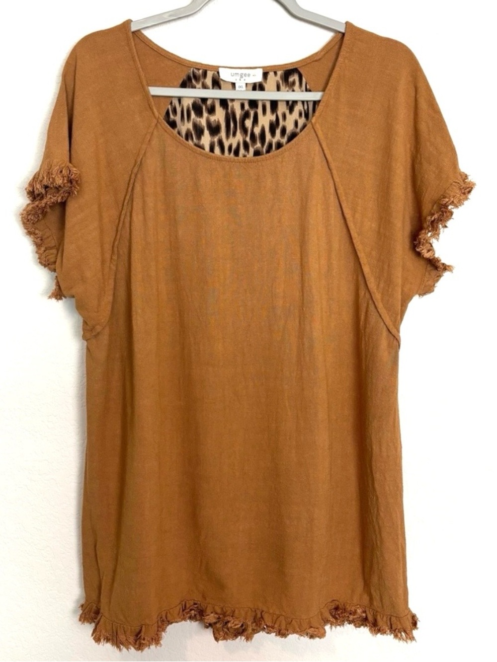 Umgee Linen Cotton Brown Leopard Raw Hem Short Sleeve Blouse Women’s 1XL Boho